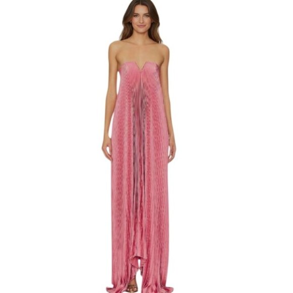 Strapless Pink Pleated Maxi Dress